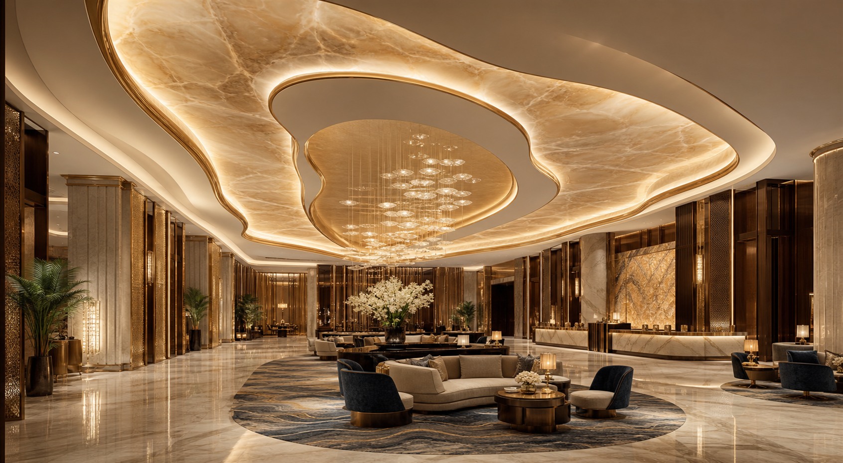 Luxury hotel lobby with luminous stretch ceiling panels, marble floors, brass details, and lounge seating