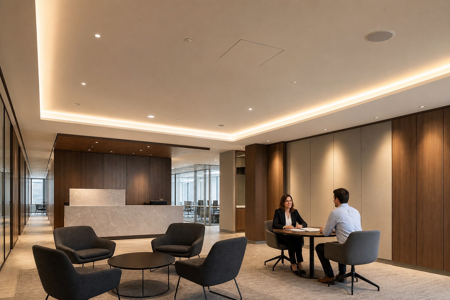 Prospective employee meeting in a refined office reception lounge with a finished stretch ceiling