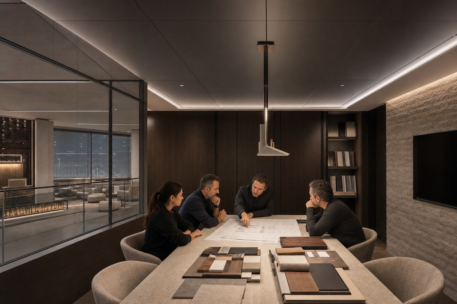 Architects and business partners reviewing plans in a premium boardroom with a coordinated stretch ceiling