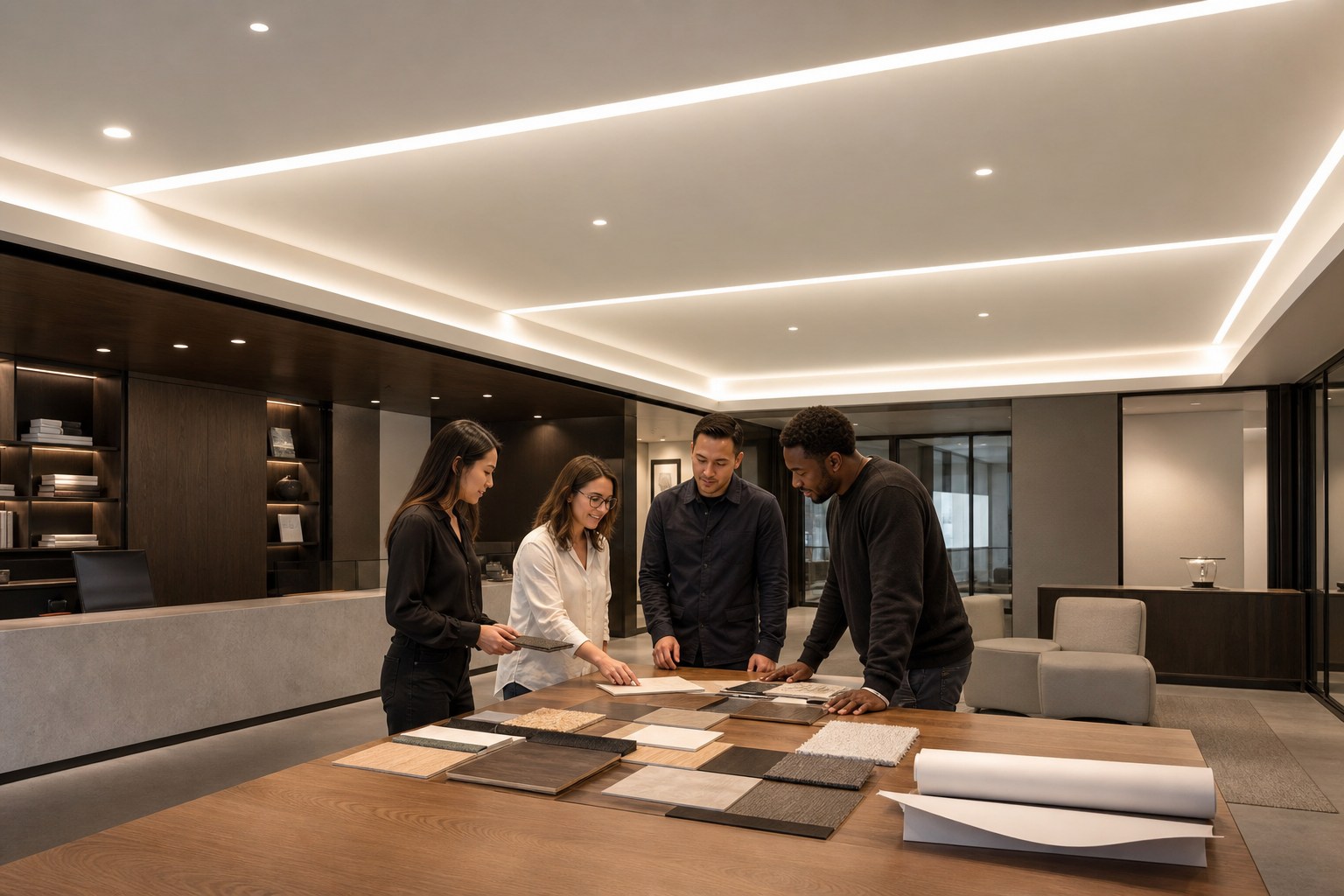 Creative team reviewing materials in a polished workplace with integrated stretch-ceiling lighting